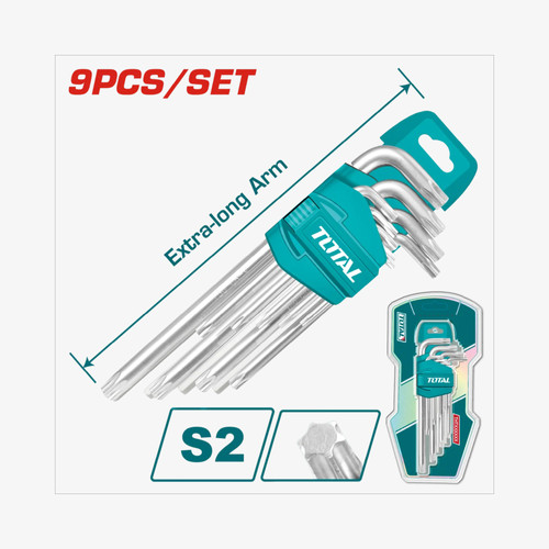 GA-MA SRL SET 9 CHIAVI TORX LUNGHE T10/T50 Set professionale di 9 chiavi Torx a L, braccio extra-lungo in acciaio Cr-V cromato. Misure complete da T10 a T50, confezionate in blister per uso in...