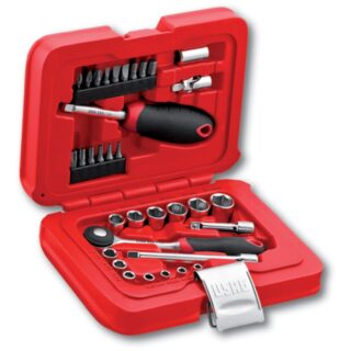 Cassetta modulare USAG con 34 pezzi per avvitatura: bussole, inserti e cricchetto 1/4". Contenitore compatto progettato per l'officina e per il...